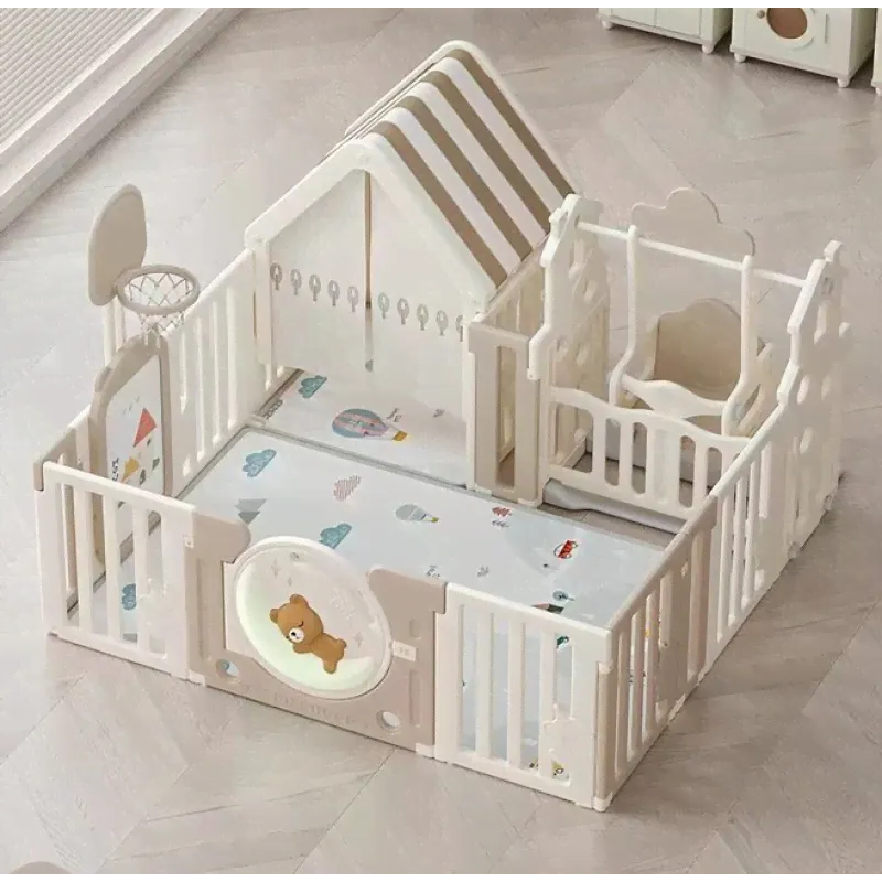 Манеж UNIX Kids DeLuxe House Camel с качелями, баскетбольной стойкой, доской для рисования, ковриком для игр-3